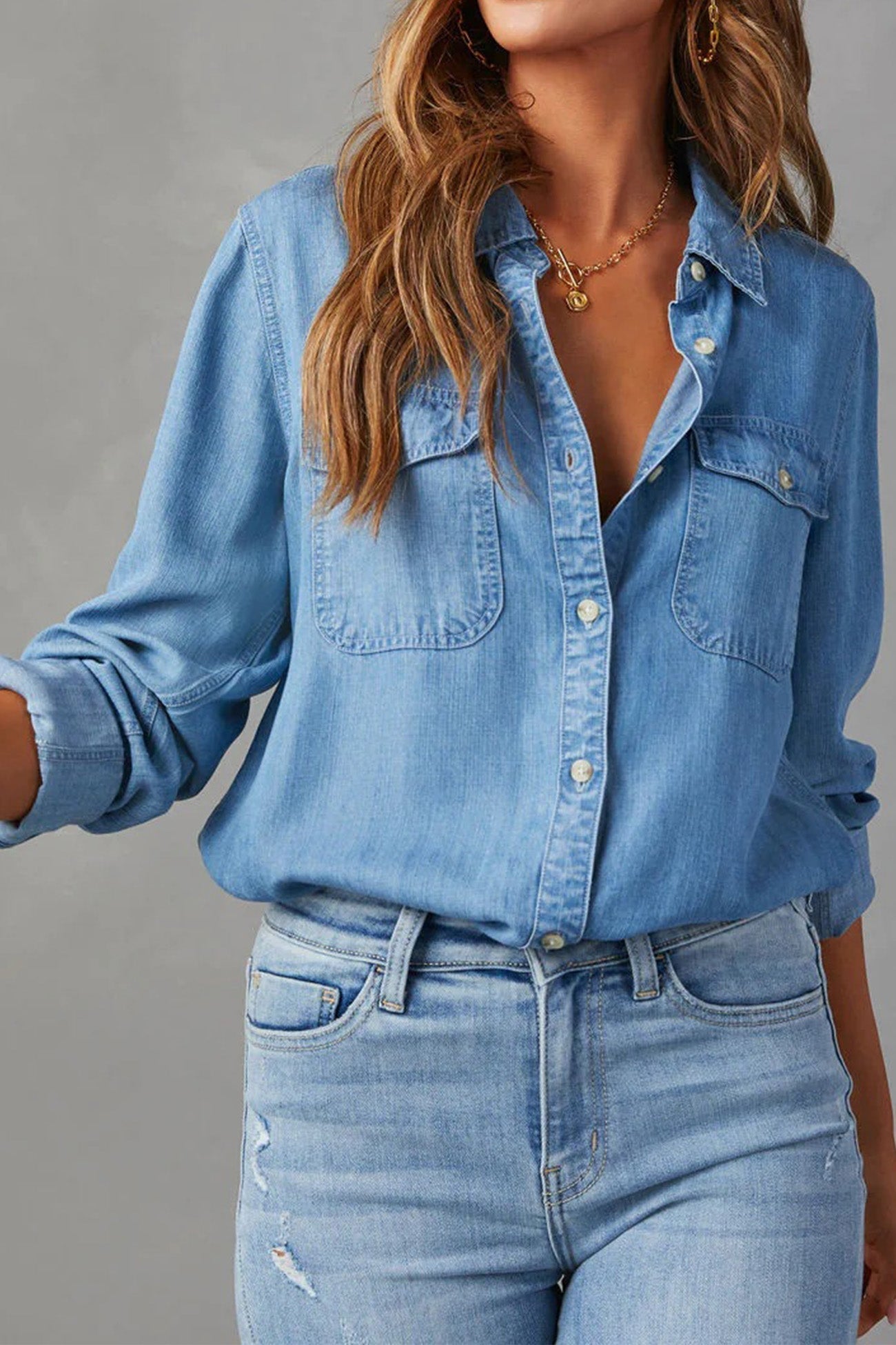 Long Sleeve Button-Up Denim Blouse