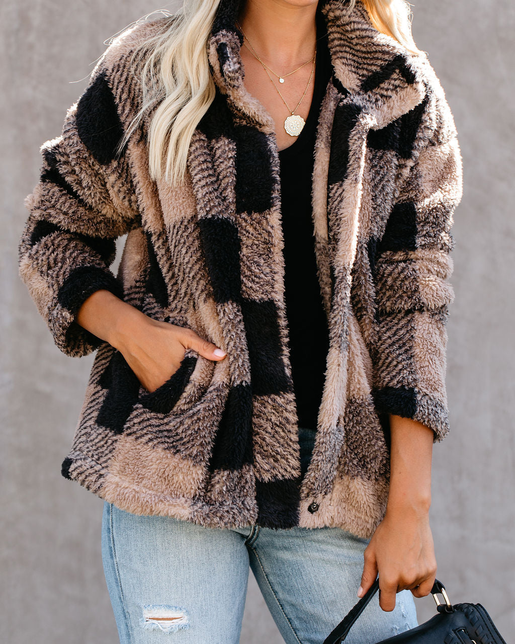 Bonfire Stories Plaid Pocketed Jacket - Beige/Black