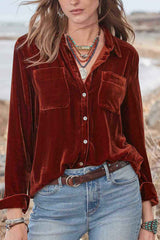 Lapel Velvet Button Up Blouse