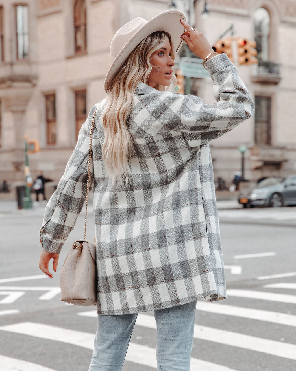 Bridgeview Pocketed Plaid Coat - Grey