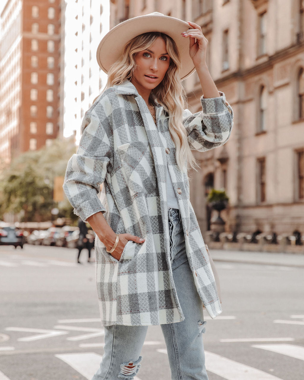 Bridgeview Pocketed Plaid Coat - Grey