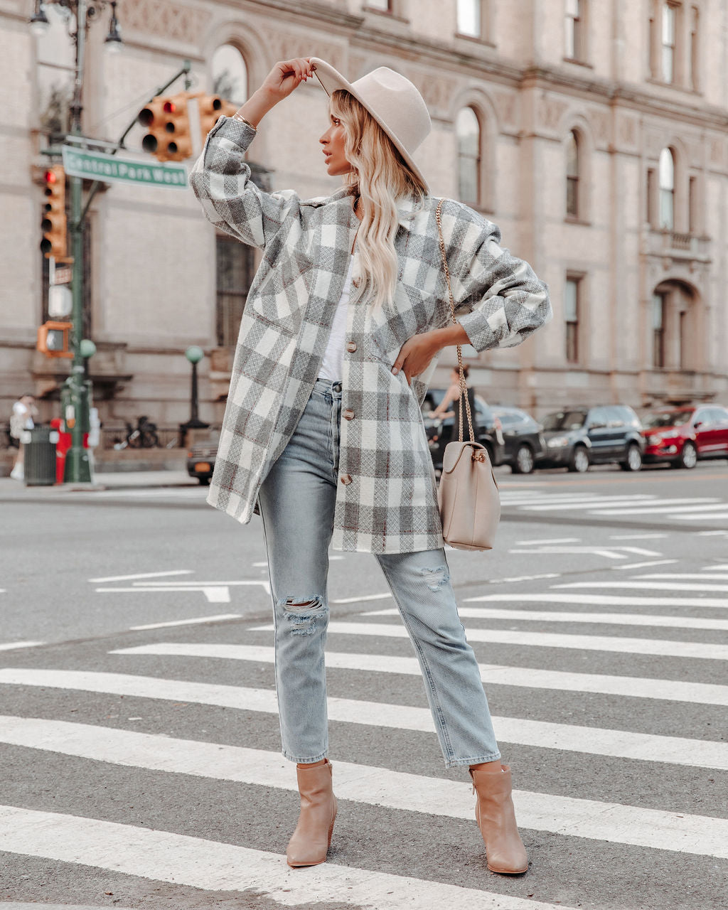 Bridgeview Pocketed Plaid Coat - Grey