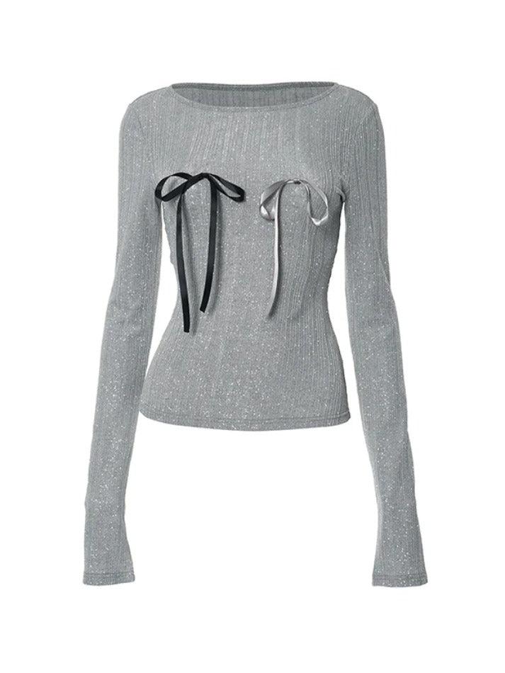 Shimmering Bow Decor Crew Neck Long Sleeve Knit - HouseofHalley
