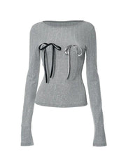 Shimmering Bow Decor Crew Neck Long Sleeve Knit - HouseofHalley