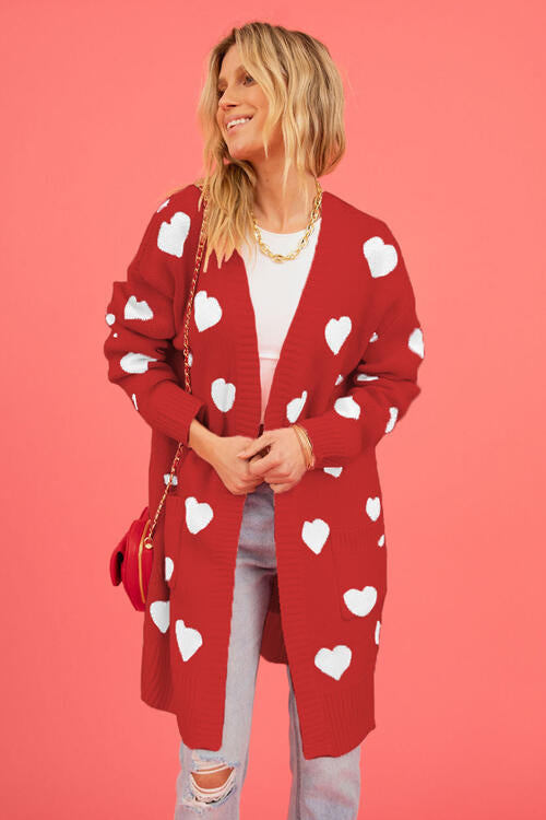 Heart Graphic Open Front Cardigan with Pockets Sweater