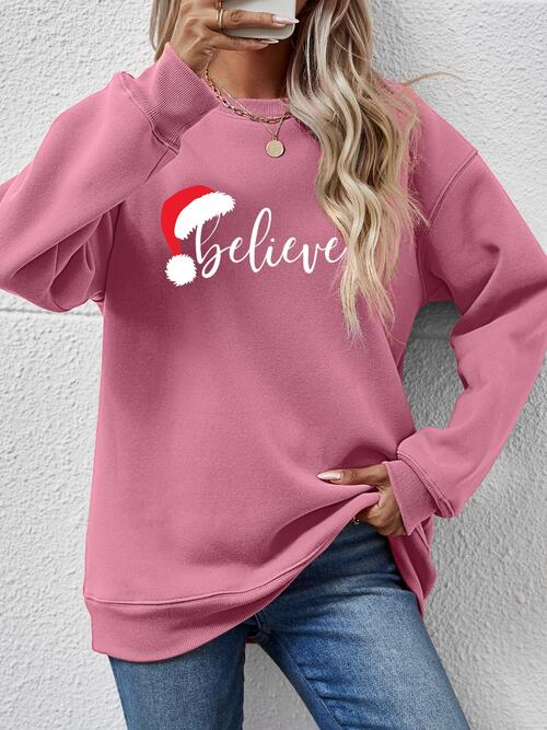 BELIEVE Graphic Long Sleeve Holiday Christmas Sweatshirt