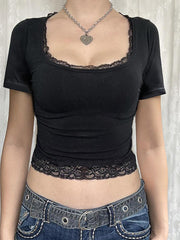 Lace Trim Splice Square Neck Crop Short Sleeve Tee - HouseofHalley