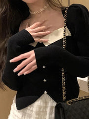 Contrast Color Splice Pearl Breasted Slit Knit Sweater