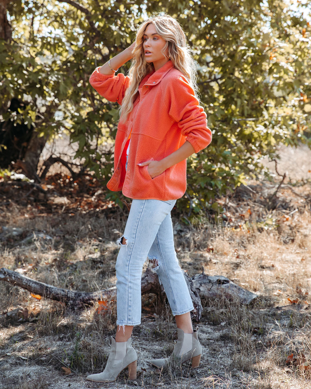 Cabin Pocketed Fleece Jacket - Coral