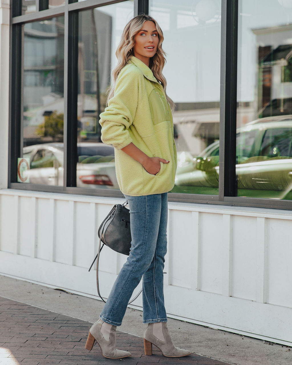 Cabin Pocketed Fleece Jacket - Lime Green