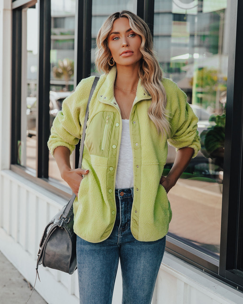 Cabin Pocketed Fleece Jacket - Lime Green