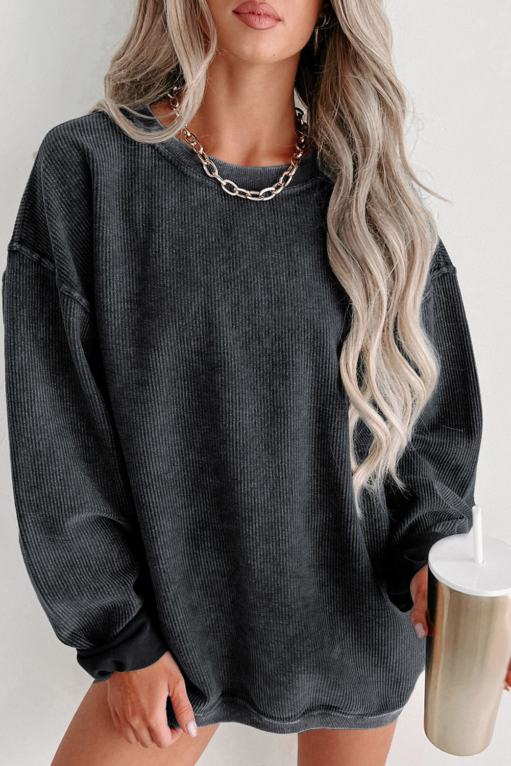 Round Neck Dropped Shoulder Washed Out Casual Sweatshirt