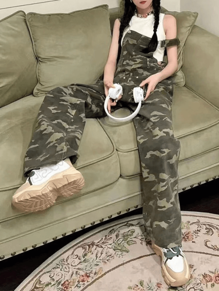 Camo Print Baggy Denim Overalls - HouseofHalley