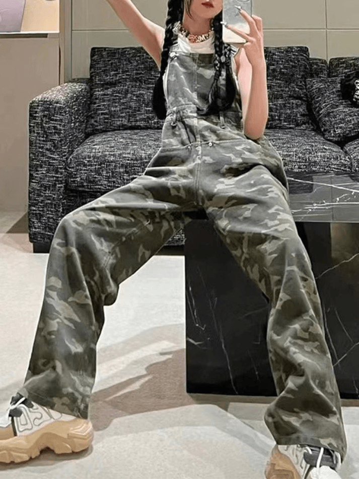 Camo Print Baggy Denim Overalls - HouseofHalley