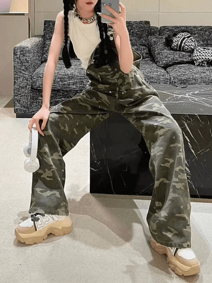 Camo Print Baggy Denim Overalls - HouseofHalley