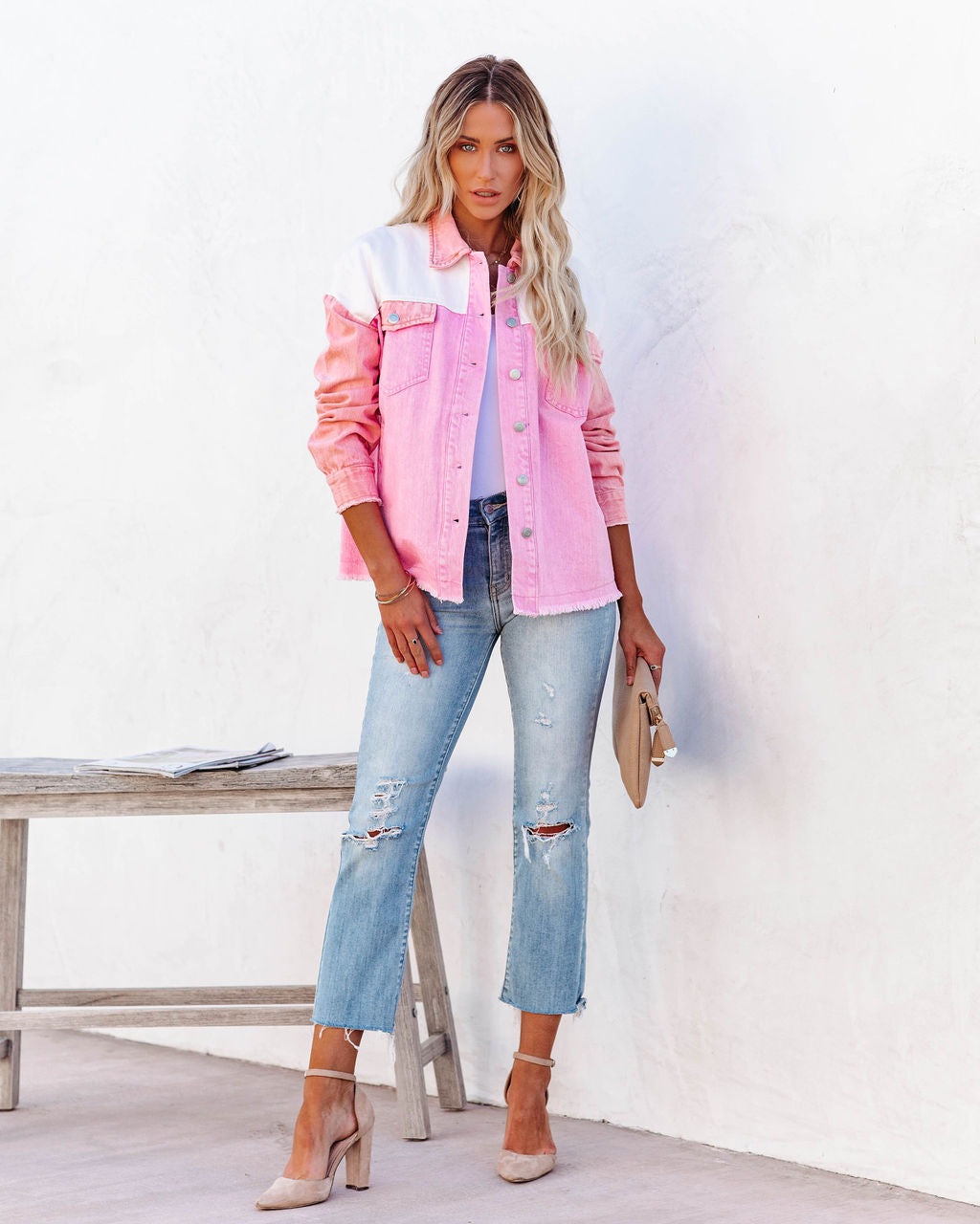 Cavin Pocketed Colorblock Denim Jacket - Pink Combo