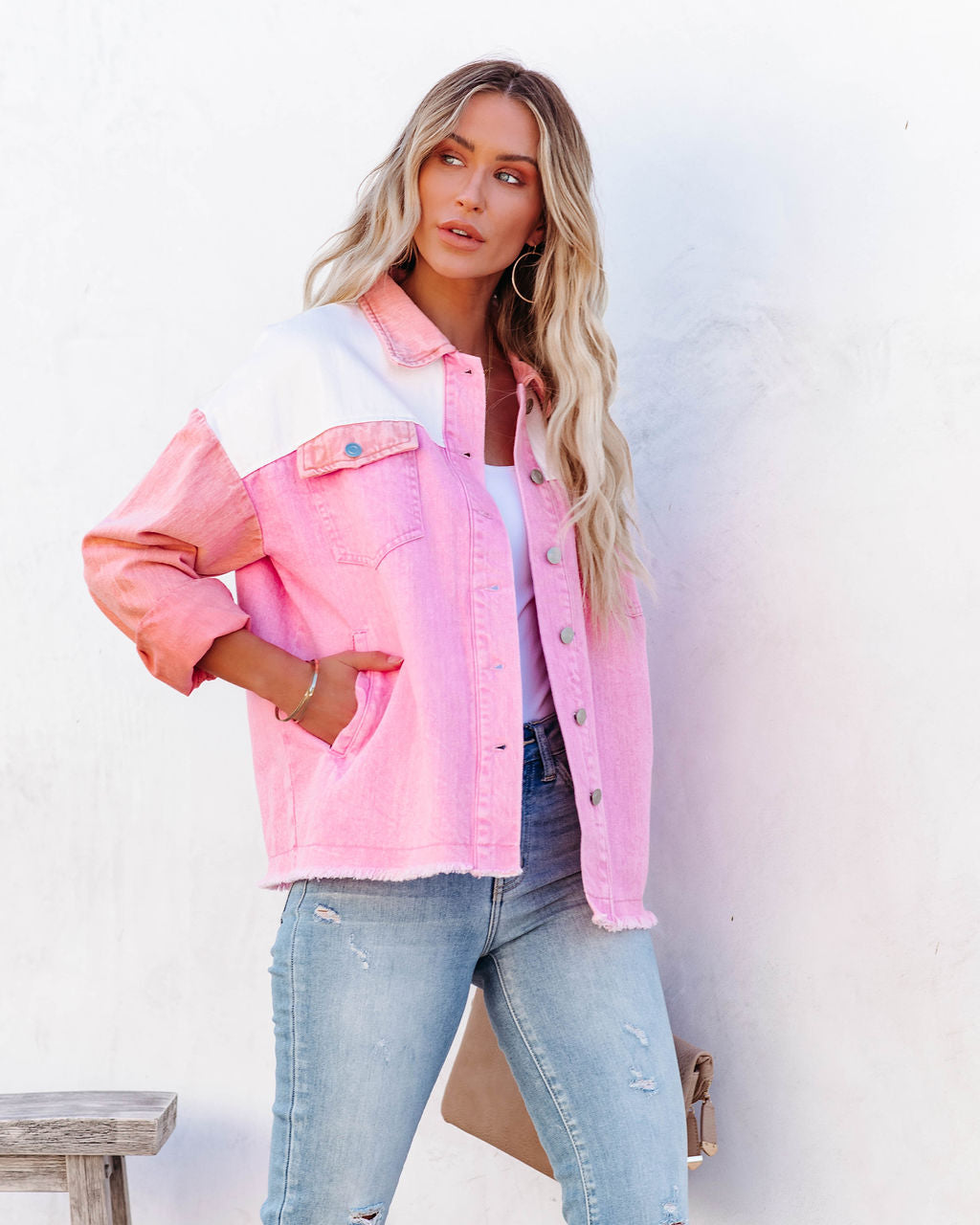 Cavin Pocketed Colorblock Denim Jacket - Pink Combo