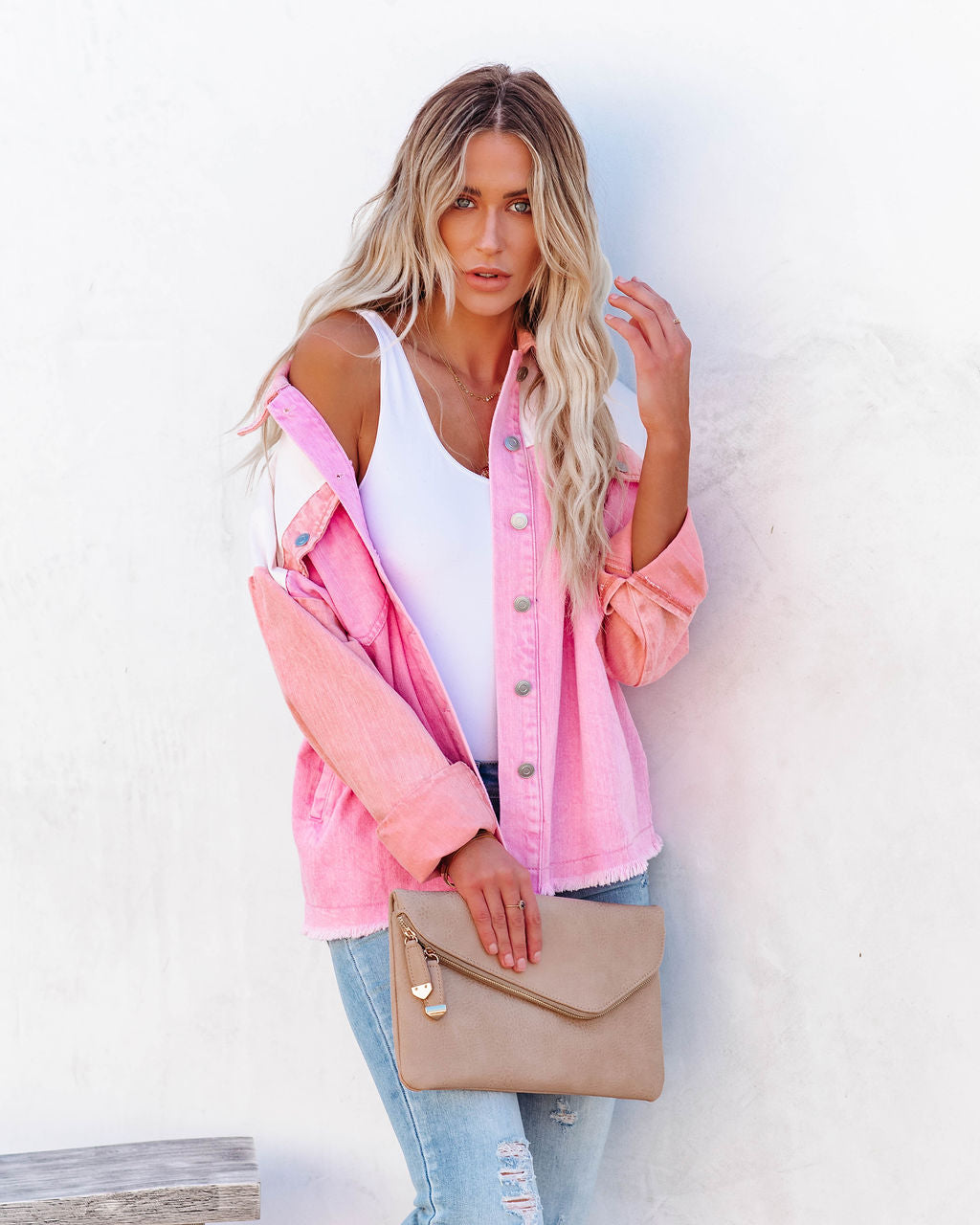 Cavin Pocketed Colorblock Denim Jacket - Pink Combo