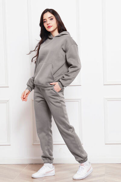 Drop Shoulder Long Sleeve Hoodie and Pants Set 2 Piece Sweater and Pants Set