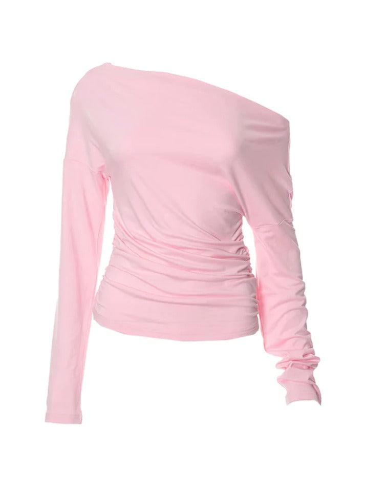 Solid One Shoulder Ruched Long Sleeve Tee - HouseofHalley