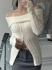 Split Buttoned Ribbed Knit Top