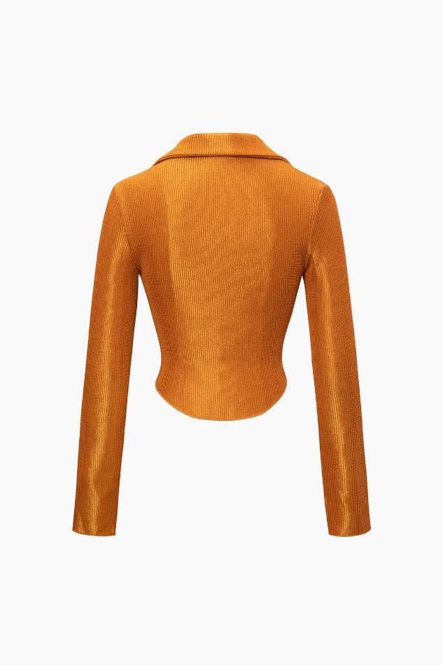 Textured Hook And Eye Collar Long Sleeve Top - HouseofHalley