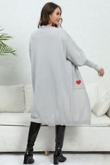 Lantern Sleeve Open Front Pocketed Cardigan with hearts