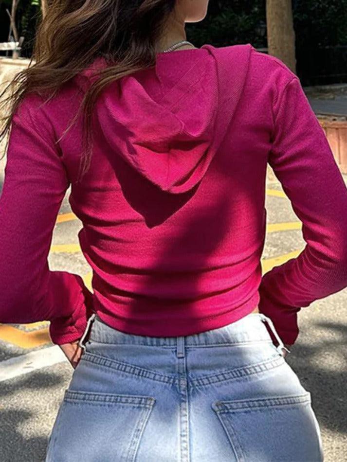 Solid Zip Up Hooded Cropped Long Sleeve Knit - HouseofHalley