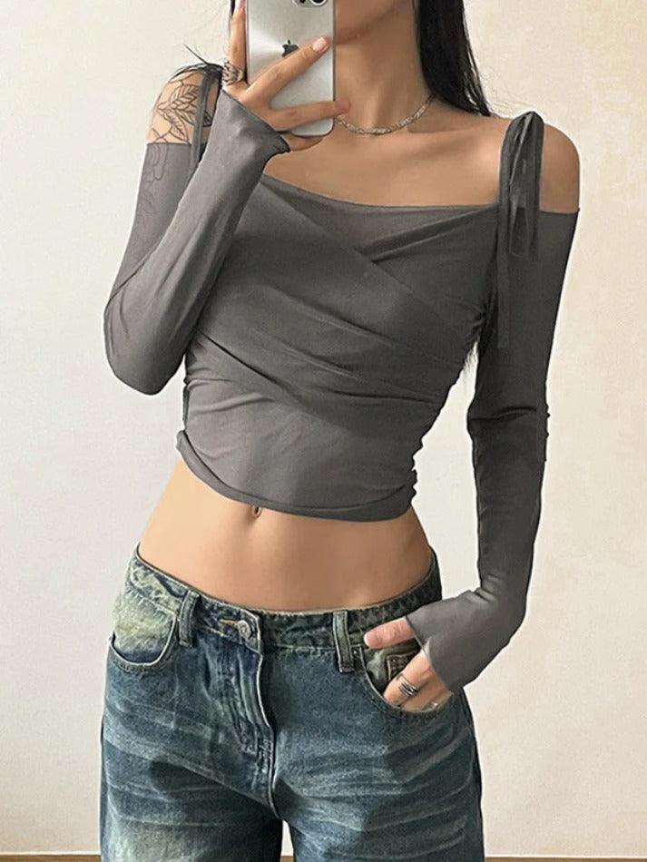 Ruched Lace Up Crop Long Sleeve Tee - HouseofHalley