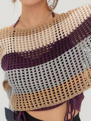 Colorful Stripe Patchwork Cutout Crochet Top