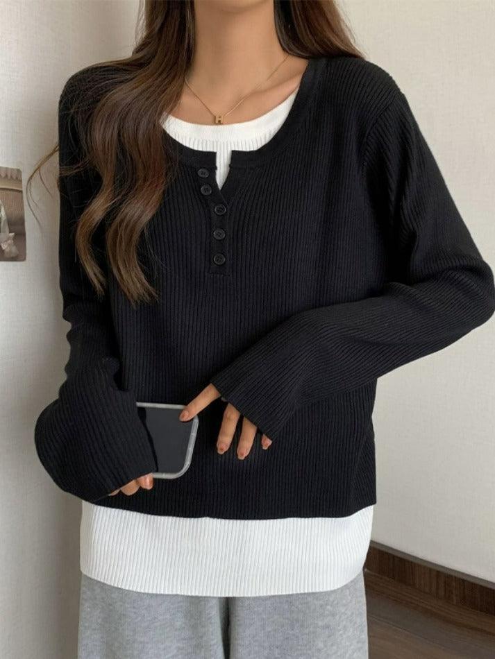 Contrast Color Fake Two Piece Long Sleeve Knit - HouseofHalley