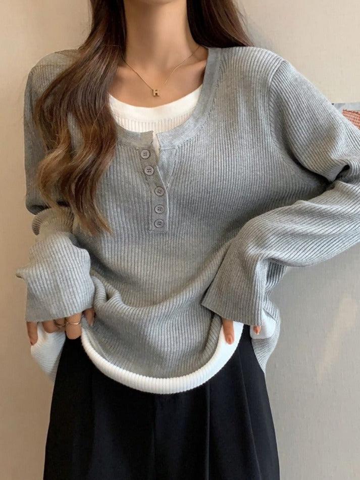 Contrast Color Fake Two Piece Long Sleeve Knit - HouseofHalley