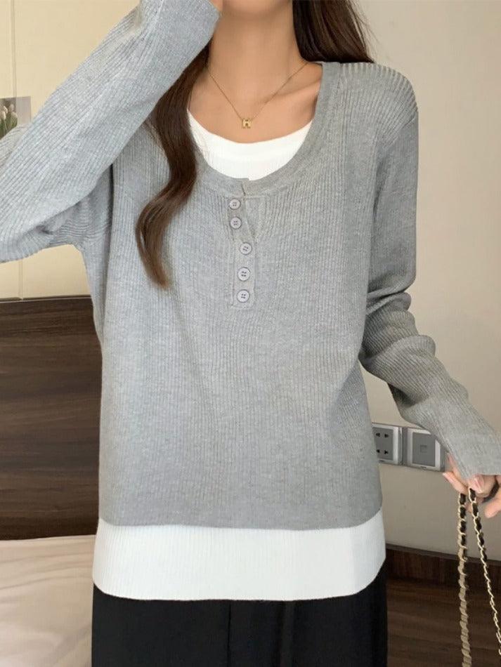 Contrast Color Fake Two Piece Long Sleeve Knit - HouseofHalley