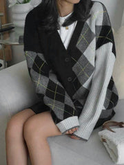 Contrast Color Plaid Patchwork Cardigan