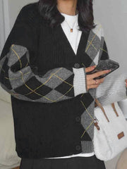 Contrast Color Plaid Patchwork Cardigan