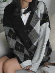 Contrast Color Plaid Patchwork Cardigan