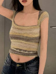 Contrast Color Stripped Square Neck Knit Top - HouseofHalley