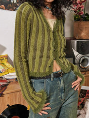 Contrast Color Vertical Stripe V Neck Cardigan - HouseofHalley