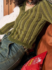 Contrast Color Vertical Stripe V Neck Cardigan