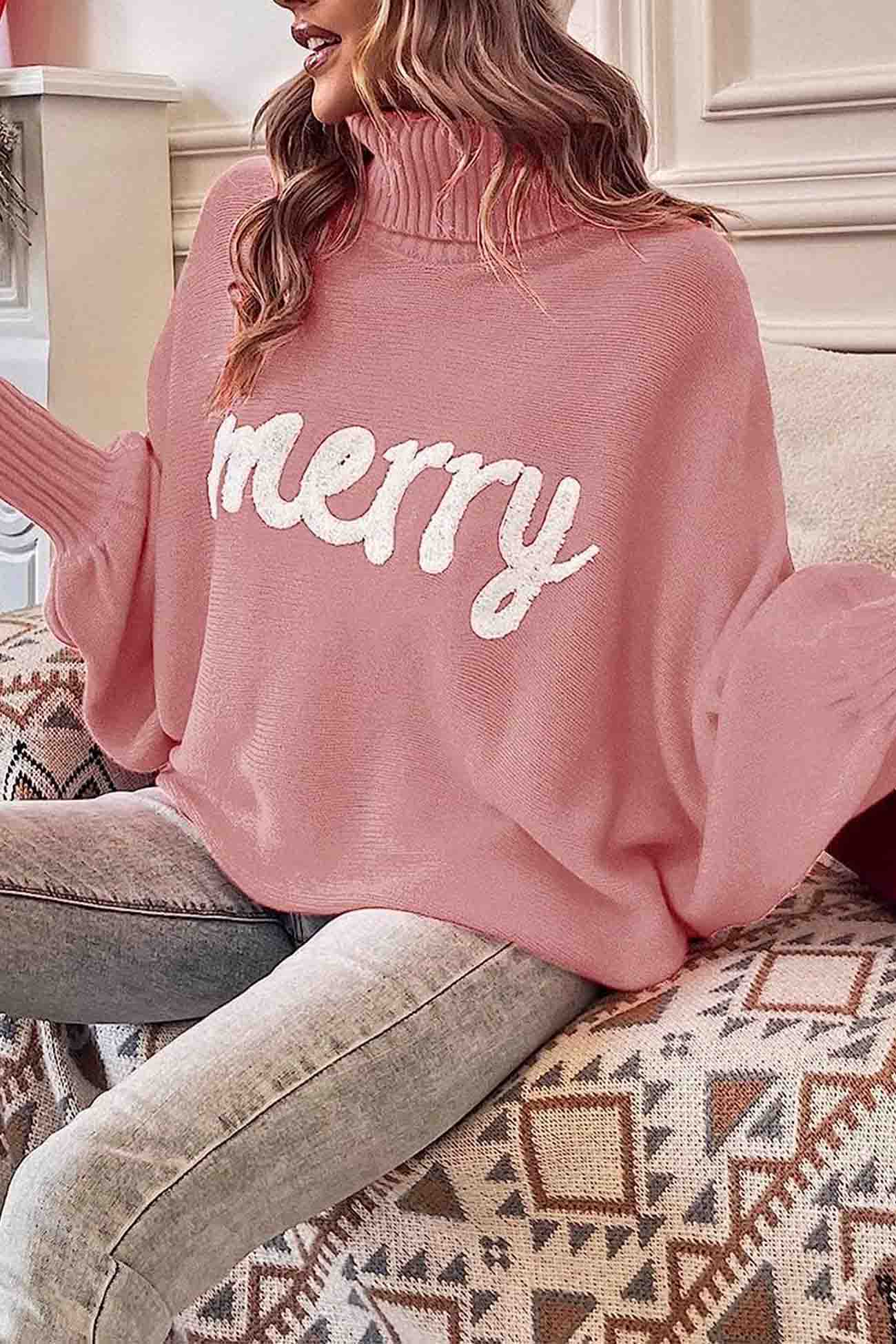 Merry Printed Dolman Sleeve Turtleneck Knitted Sweater