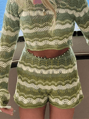 Crochet Knit Long Sleeve Two Piece Set - HouseofHalley