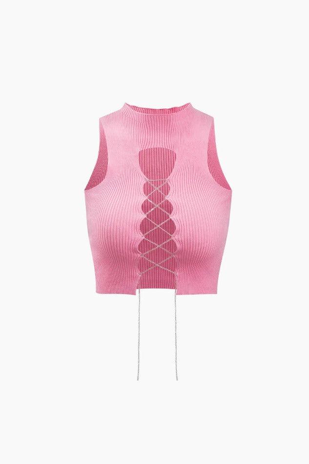 Cut Out Rhinestone Tie Tank Top - HouseofHalley