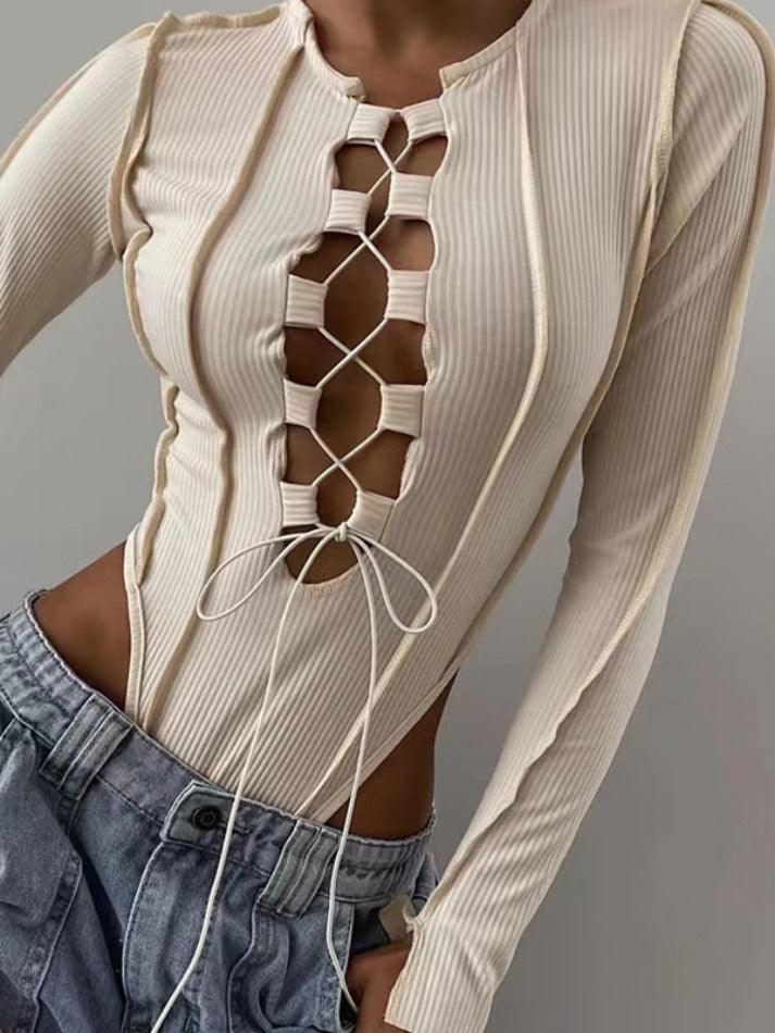 Cutout Cross Lace Up Bodysuit - HouseofHalley