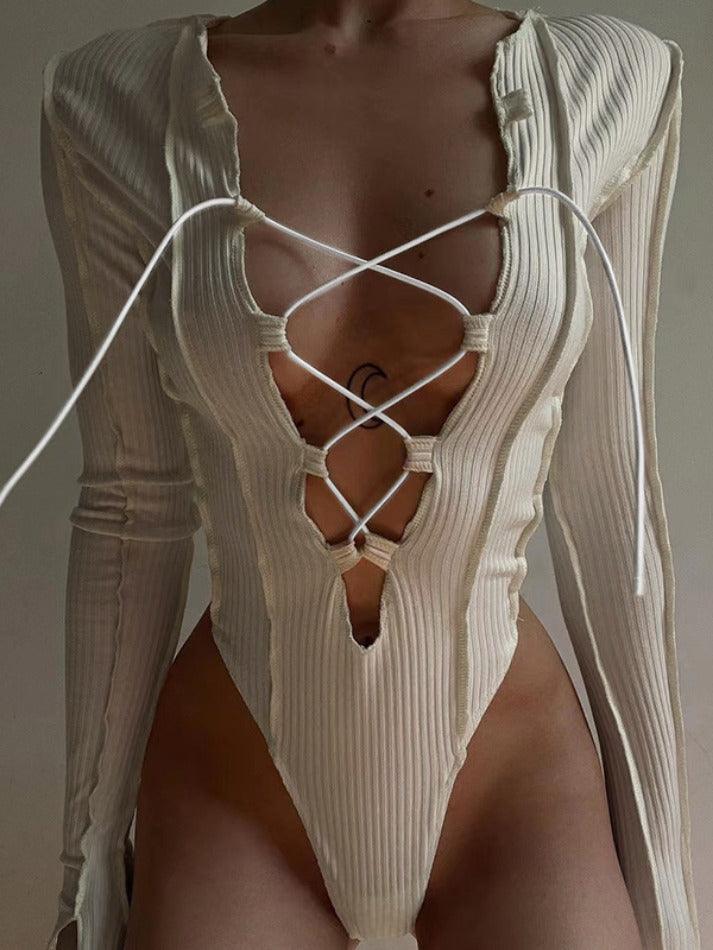 Cutout Cross Lace Up Bodysuit - HouseofHalley