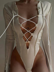 Cutout Cross Lace Up Bodysuit - HouseofHalley