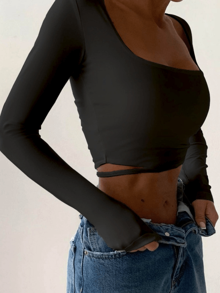 Cutout Square Neck Crop Long Sleeve Tee - HouseofHalley