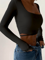 Cutout Square Neck Crop Long Sleeve Tee - HouseofHalley