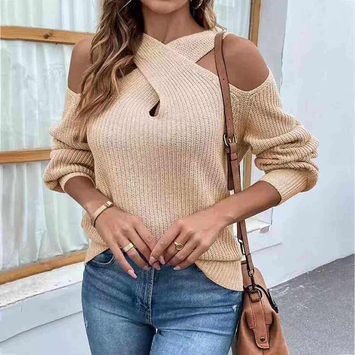 Crisscross Cold-Shoulder Sexy Sweater