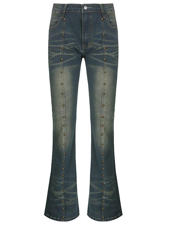 Mid Rise Washed Studded Flared Jeans