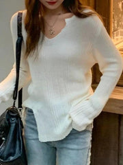Solid V Neck Slit Thin Long Sleeve Knit - HouseofHalley